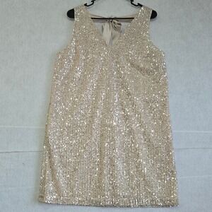 Loft Petites Sequin Shift Dress 10P Champagne Gold V-Neck Sleeveless Bow Back
